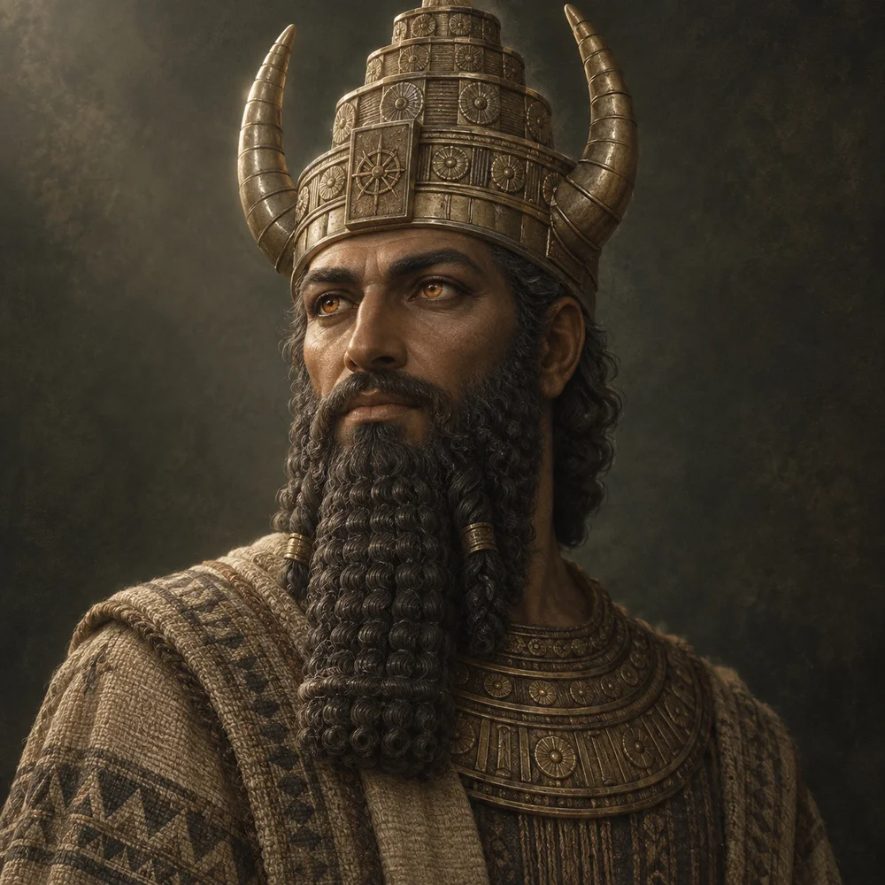AI-generated illustration, not a real photo: an invented ancient-astronaut figure with a curled beard and ornate Mesopotamian-inspired headdress.