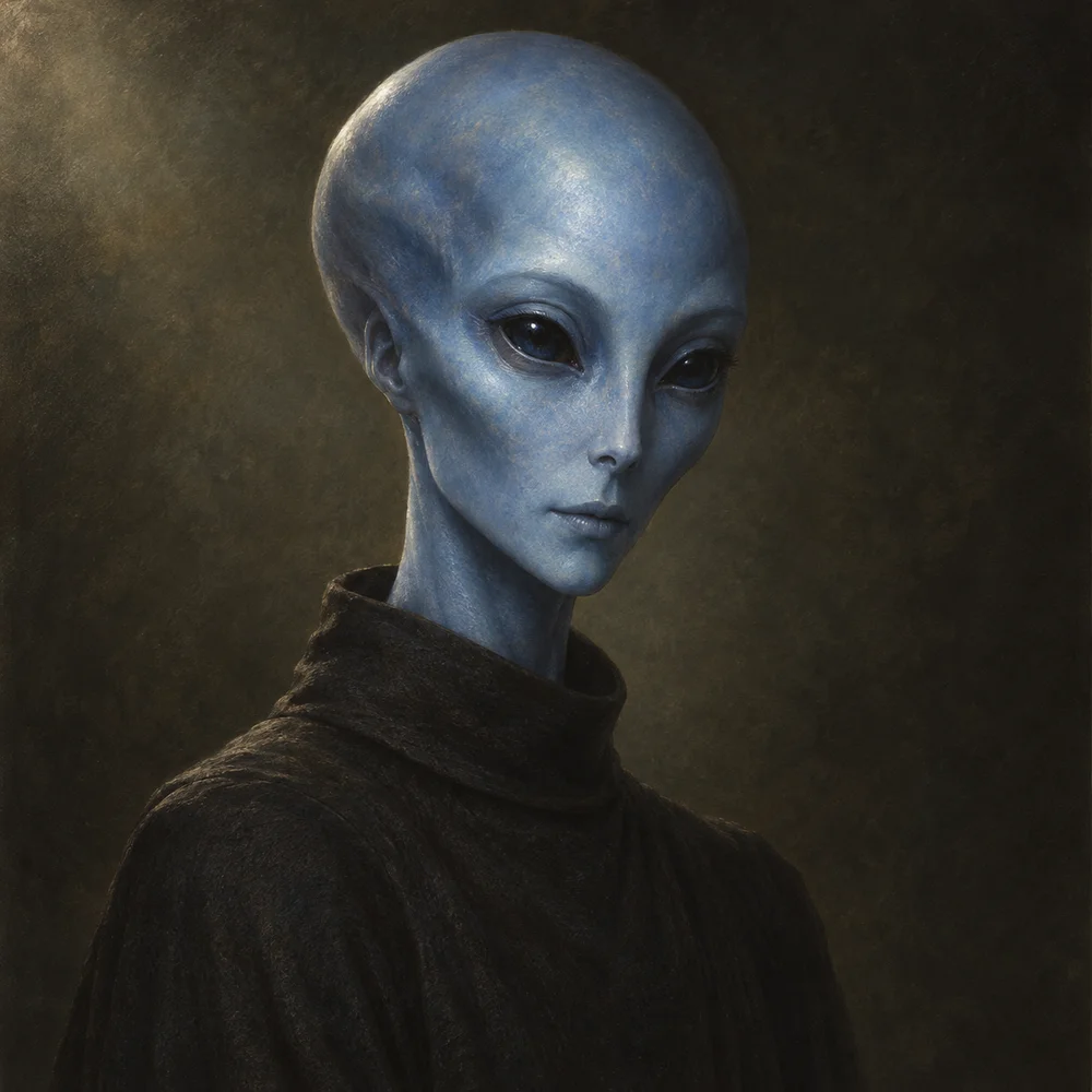 AI-generated illustration, not a real photo: an invented blue-skinned humanoid with an elongated head and a high-collared garment.