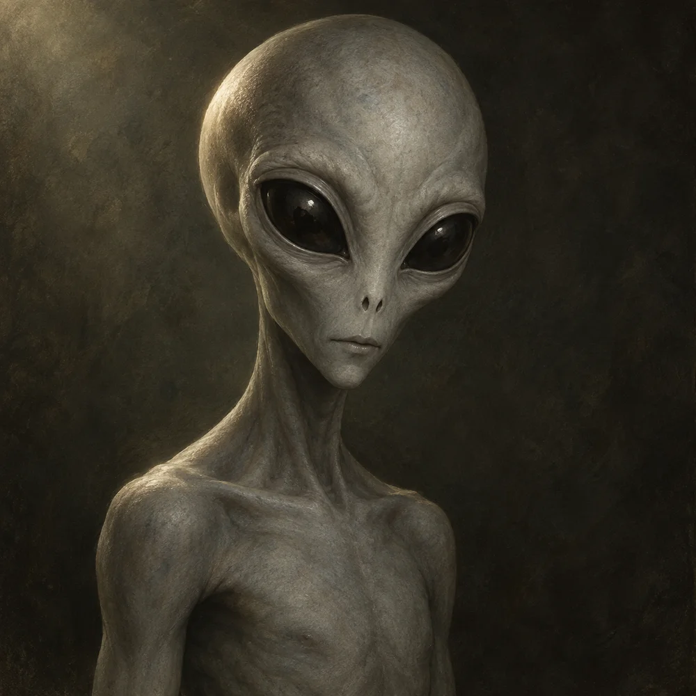 AI-generated illustration, not a real photo: a slender, ash-grey humanoid with a large oval head and black eyes.