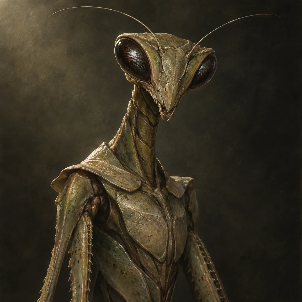 AI-generated illustration, not a real photo: an insect-like figure with a triangular head, compound eyes, and an elongated neck.
