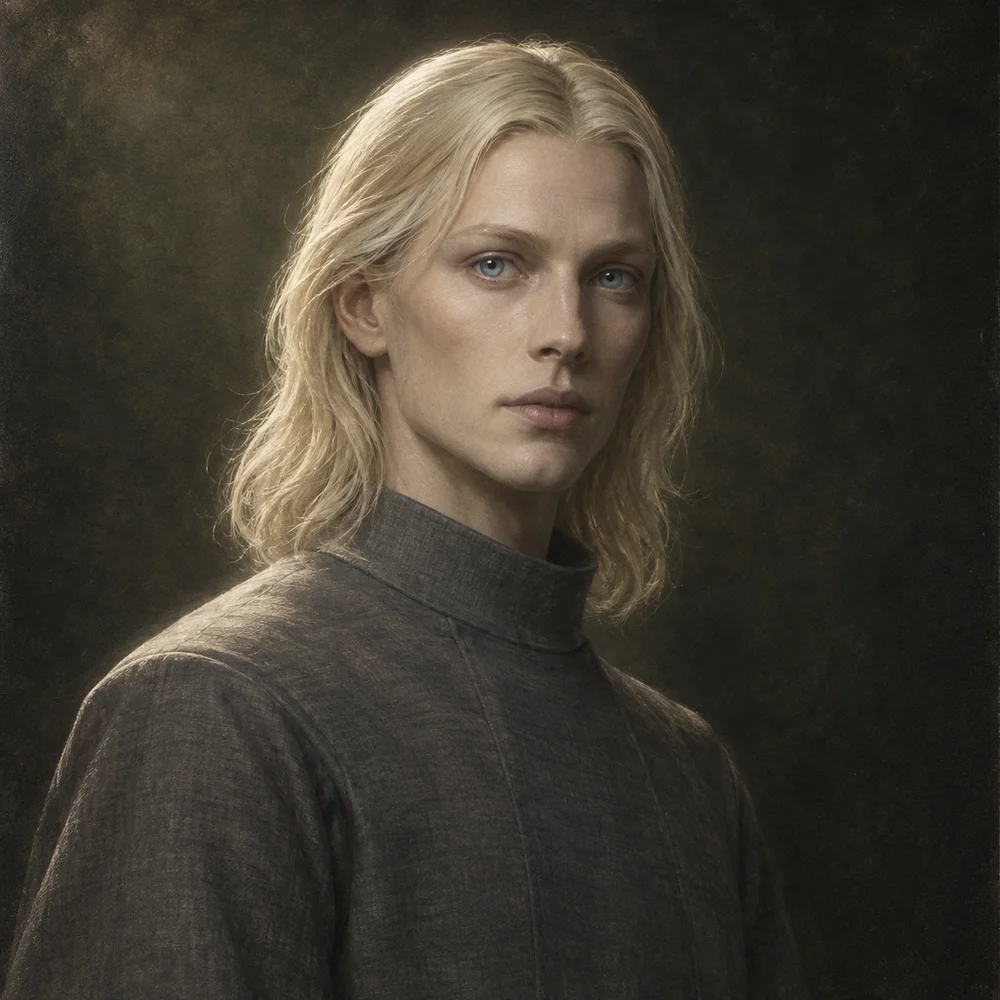AI-generated illustration, not a real photo: an imagined human-looking visitor with pale blond hair and a dark tunic.