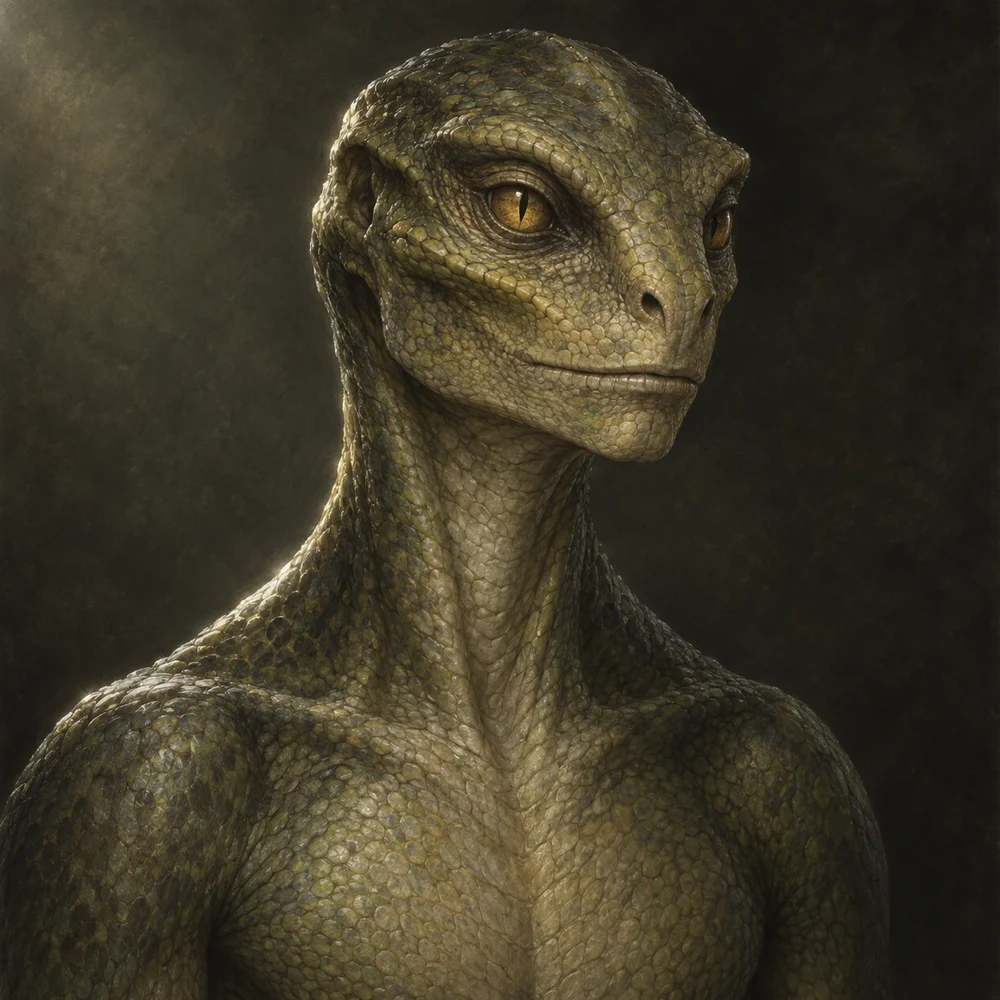 AI-generated illustration, not a real photo: an olive-scaled reptile-like humanoid with amber slit-pupil eyes.