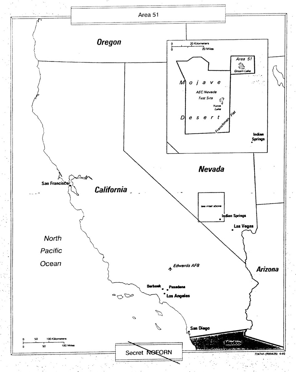 Mapa desclassificado da CIA indicando Groom Lake e a Área 51 dentro da região do Nevada Test Site.
