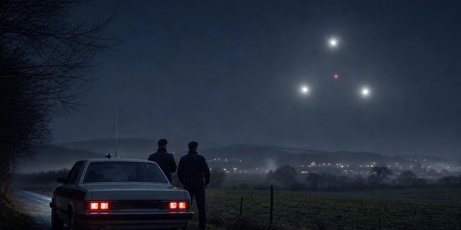 Illustration of two late-1980s Belgian gendarmes beside a patrol car watching three unresolved white lights and one red light above a dark rural field.