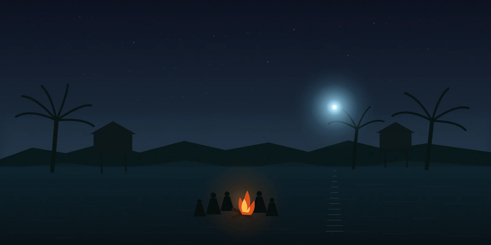 Original cinematic illustration of an Amazon estuary village at night, with residents gathered near a bonfire while an unresolved blue-white light hangs beyond dark palms over the water.