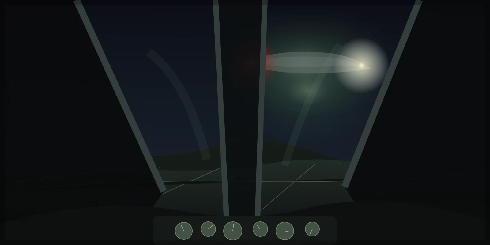Original illustration from inside a 1970s helicopter cockpit above dark Ohio farmland, with an unresolved red-white light overhead and muted green illumination on the windows.