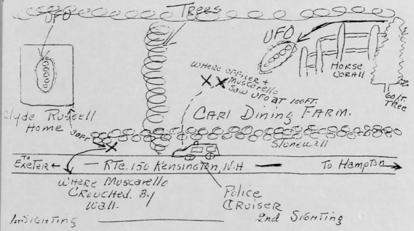 Mapa dibujado a mano por Project Blue Book de la Fuerza Aérea de Estados Unidos, en el que aparecen la Ruta 150, las granjas Russell y Dining y las posiciones desde las que se informó del avistamiento de Exeter.