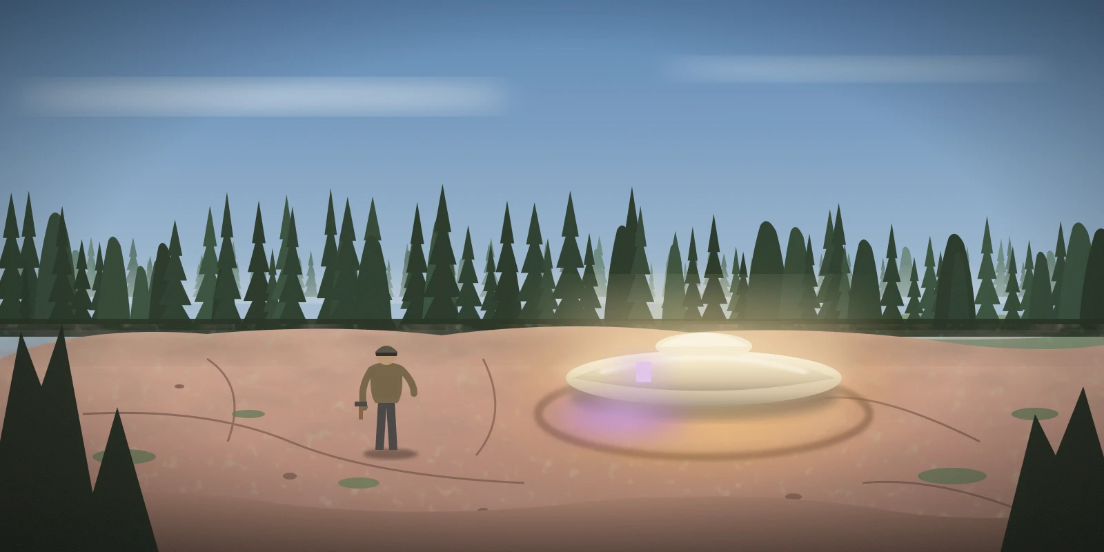 Illustration of a lone prospector in welding goggles on a pink granite outcrop among jack pines, facing a low, glowing metallic dome that spills violet light from an opening.