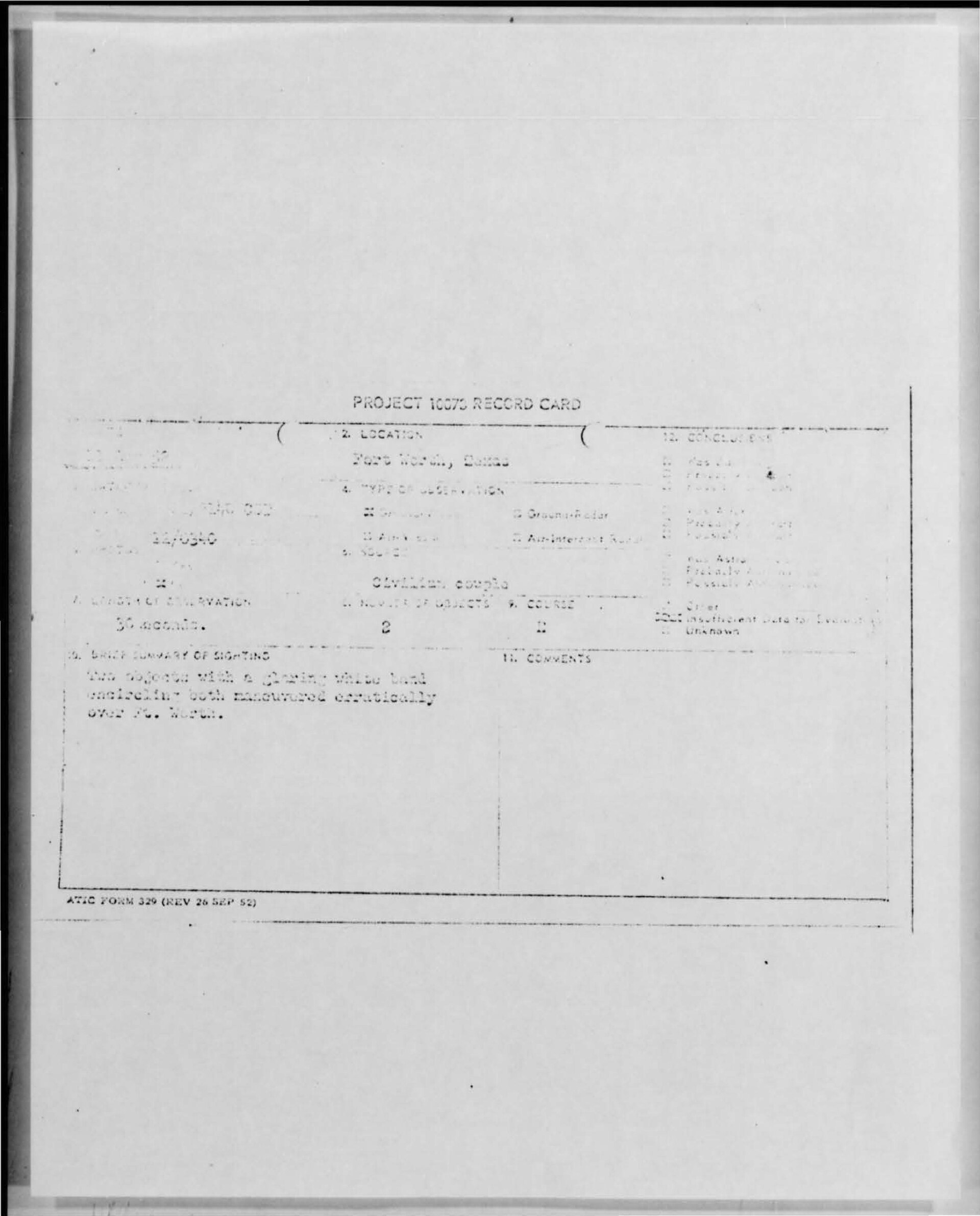 Première page de la fiche du Project Blue Book de l’armée de l’air américaine consacrée à Flatwoods, avec des champs dactylographiés et des annotations manuscrites.