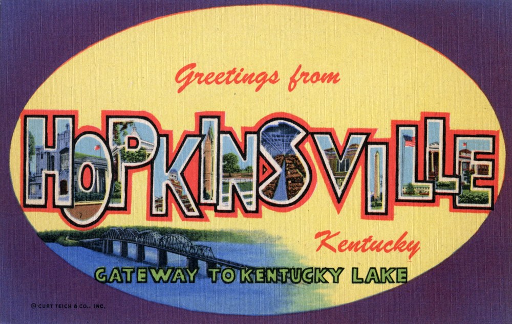 Colorful 1951 large-letter postcard reading Greetings from Hopkinsville, Kentucky, Gateway to Kentucky Lake, with small town scenes inside each letter.