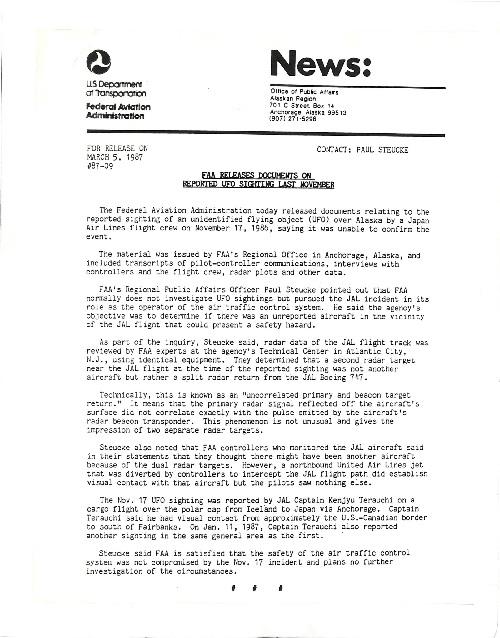 Scanned March 5, 1987, Federal Aviation Administration news release headed FAA Releases Documents on Reported UFO Sighting Last November.