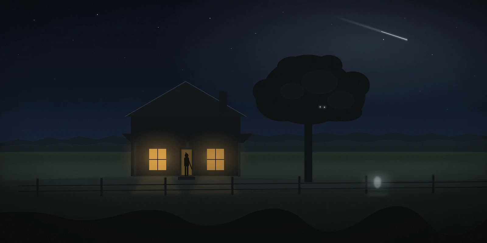 Illustration of a small lamp-lit Kentucky farmhouse at night with a silhouetted figure in the doorway, a dark maple tree, a fence line and one faint pale glow at the edge of the yard.