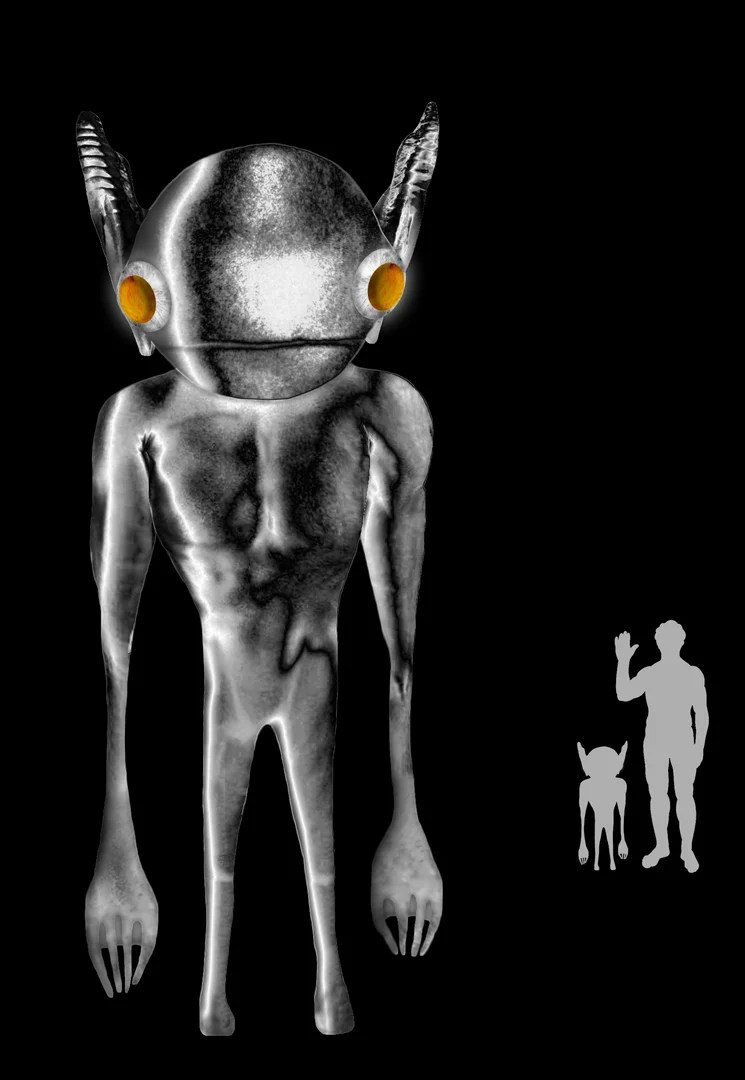 Digital painting of a small silver-gray humanoid with a round bald head, pointed leathery ears, large yellow eyes, long arms and clawed hands, beside a small human silhouette for scale.