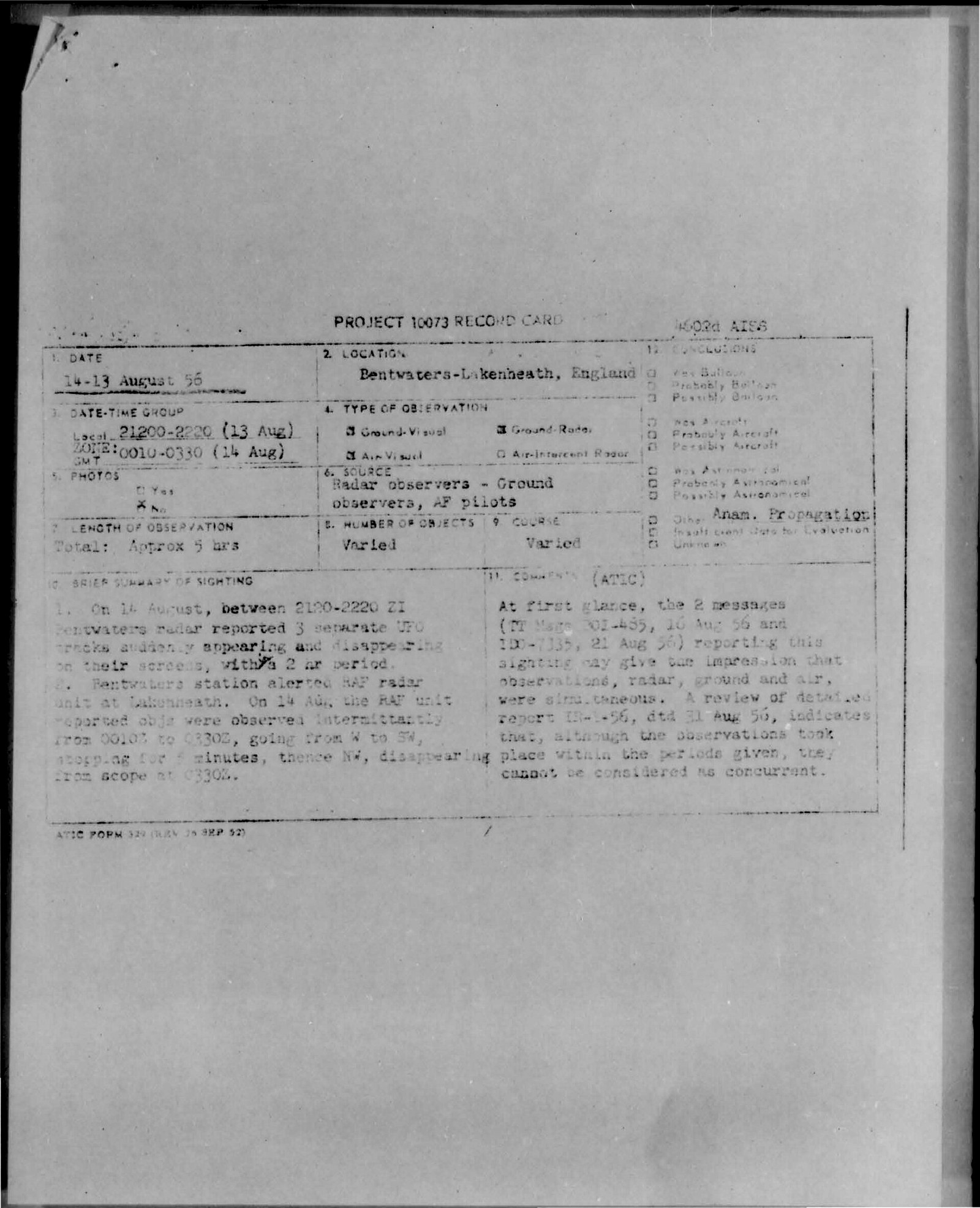 Scanned Project 10073 record card for the August 13–14, 1956, Bentwaters–Lakenheath reports, listing anomalous propagation and noting that the observations could not be treated as concurrent.