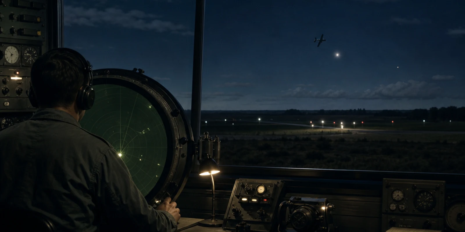 Illustration of a back-facing 1950s radar controller at a circular green scope, looking through windows toward a rural night airfield, a distant fighter silhouette, and unresolved points of light.