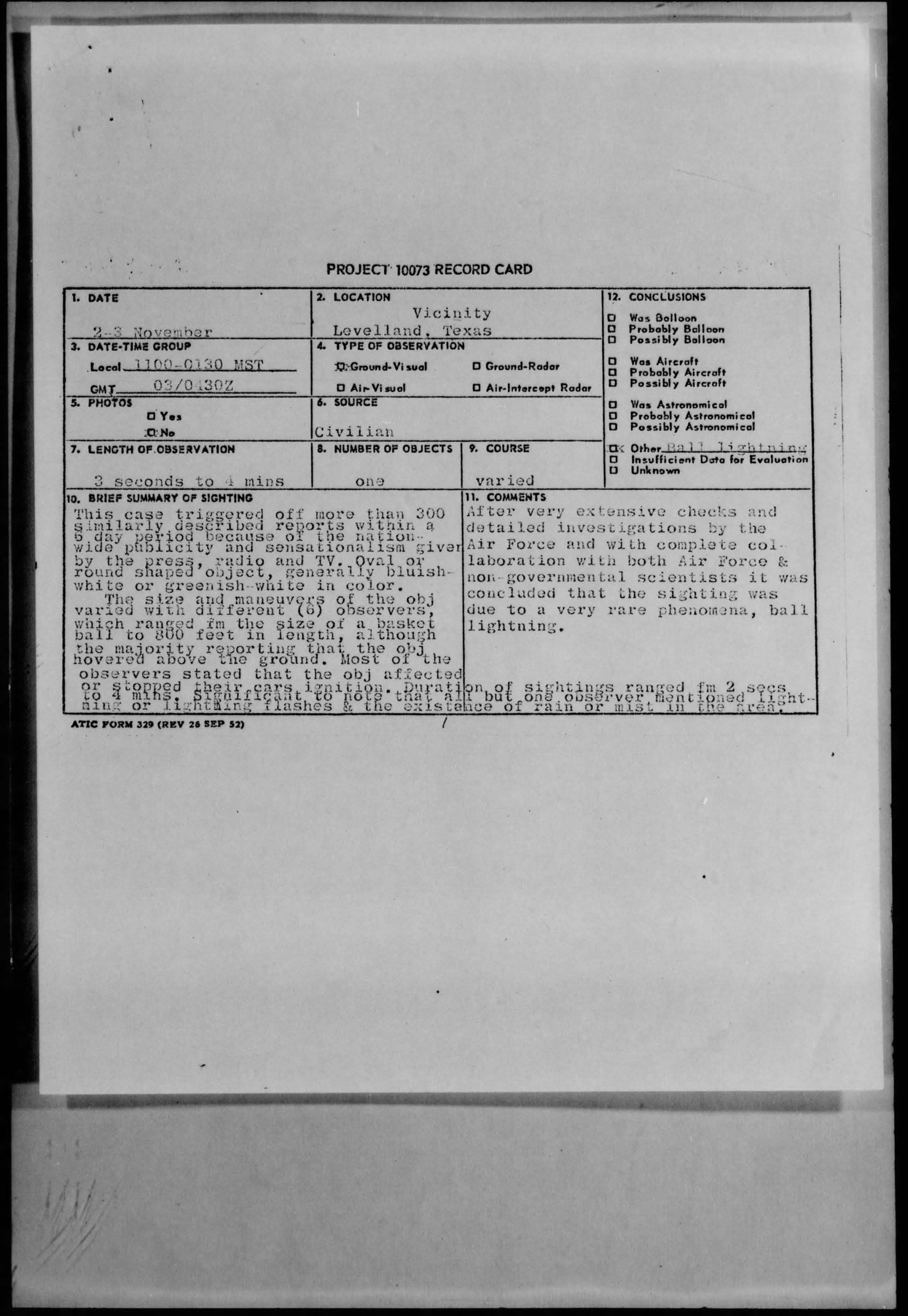 Scanned Project 10073 record card for the November 2–3, 1957, Levelland reports, with the conclusion marked Other and identified as ball lightning.