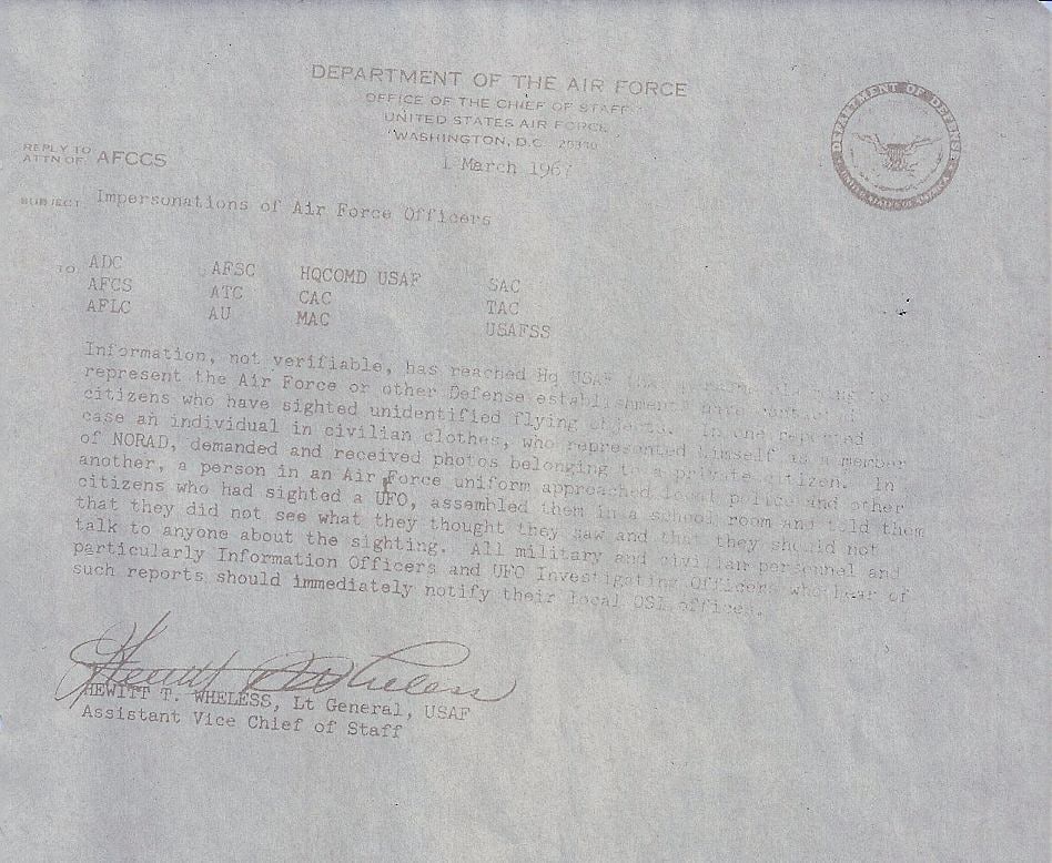 Faded photocopy of a March 1, 1967 Department of the Air Force memorandum titled Impersonations of Air Force Officers, signed by Lieutenant General Hewitt T. Wheless.