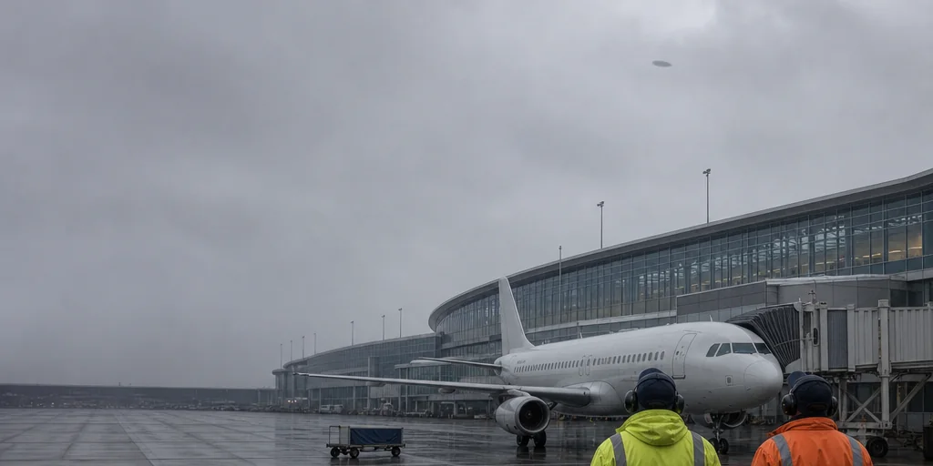 Illustration of two back-facing airport ramp workers looking toward a small unresolved dark oval above a parked passenger jet and O’Hare-style concourse under low gray clouds.