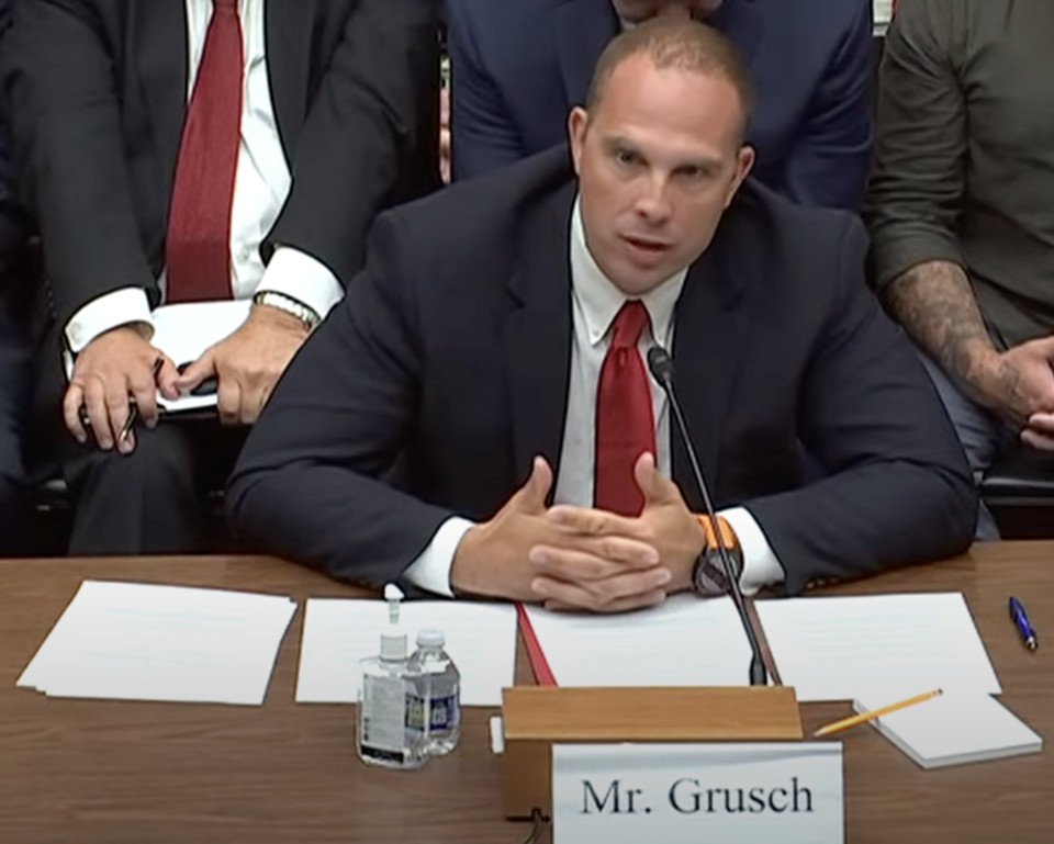 David Grusch speaking at the witness table during the July 26, 2023 congressional UAP hearing.