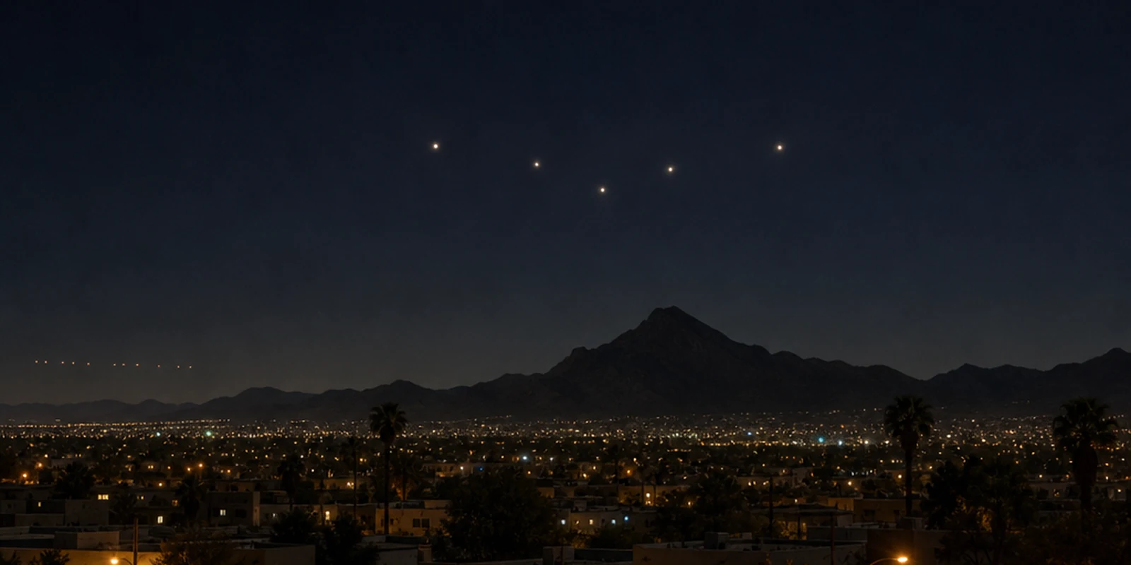 Illustration of five unresolved lights in a shallow V above a dark Phoenix mountain and desert city, with a second distant row near the horizon.
