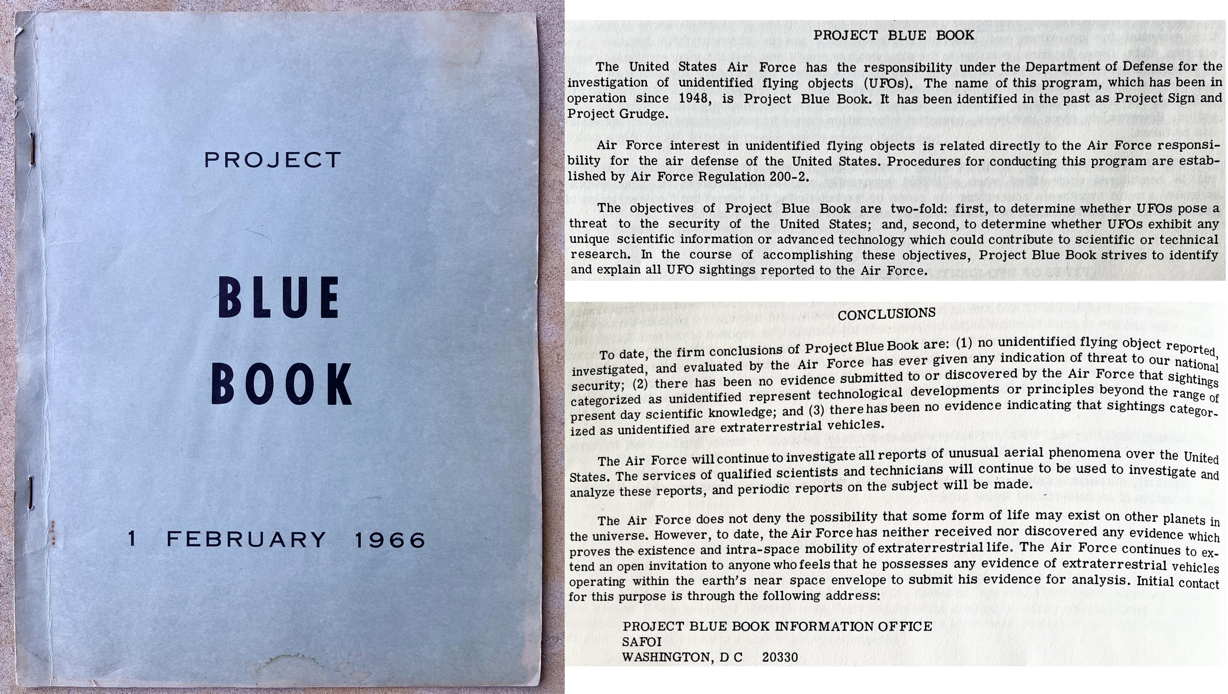 Un folleto del Proyecto Blue Book de 1966, abierto junto a páginas que describen los objetivos y las conclusiones del programa.