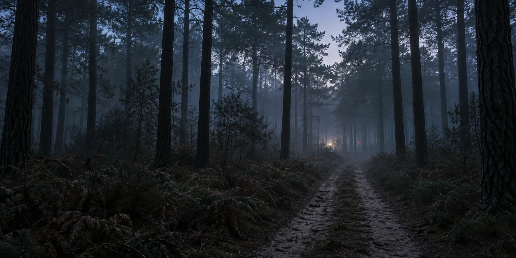 Illustration of a misty pine forest at twilight, with distant lights visible between the trees.