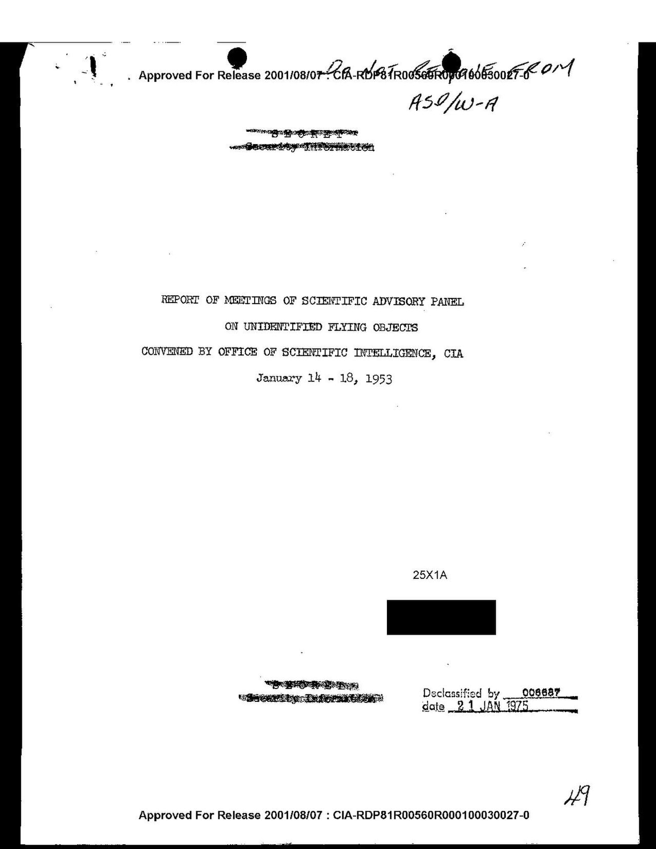 Title page of a declassified CIA document: Report of Meetings of Scientific Advisory Panel on Unidentified Flying Objects, January 14–18, 1953, with secret markings struck through.