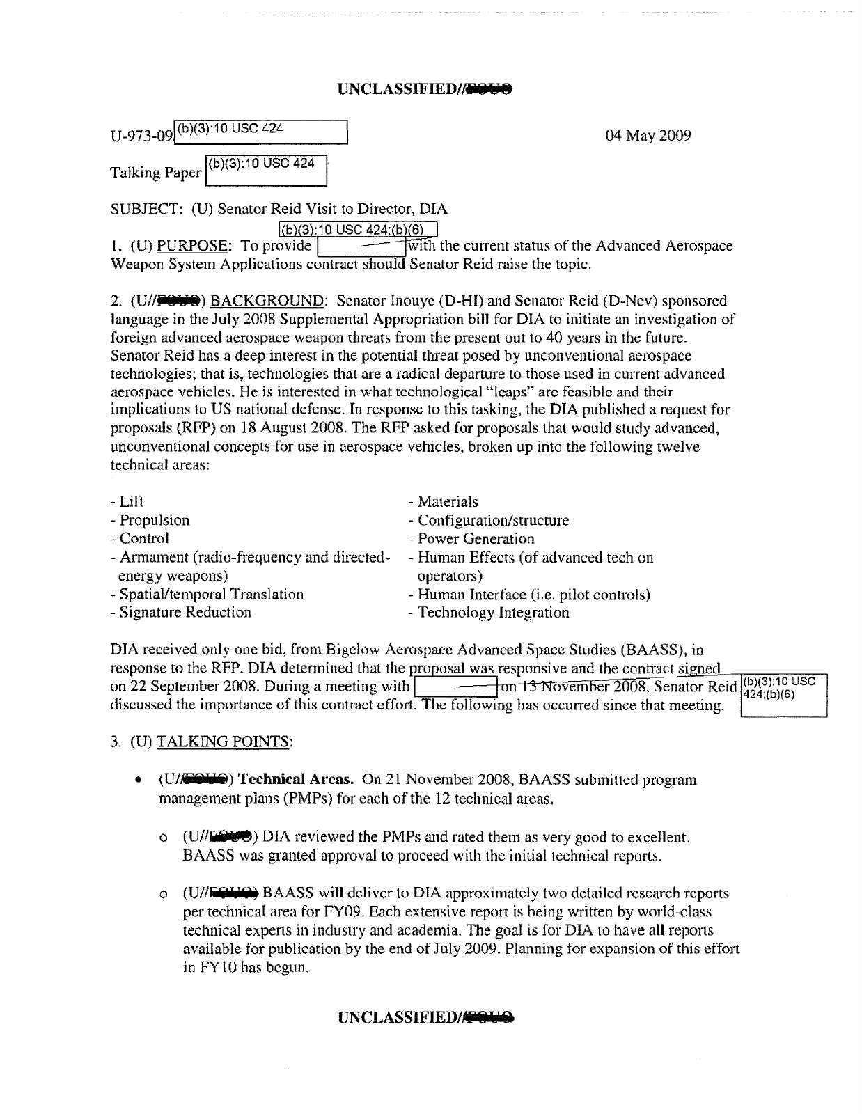 First page of the May 4, 2009 DIA talking paper, listing the aerospace research areas and the contract with Bigelow Aerospace Advanced Space Studies.