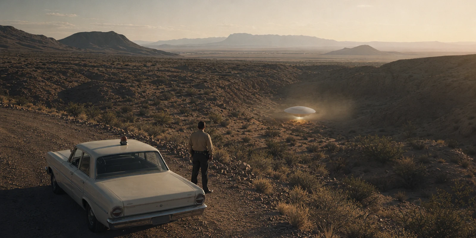 Illustration of a back-facing 1960s police officer beside a white patrol car looking into a New Mexico arroyo toward a distant unresolved pale oval in dust.