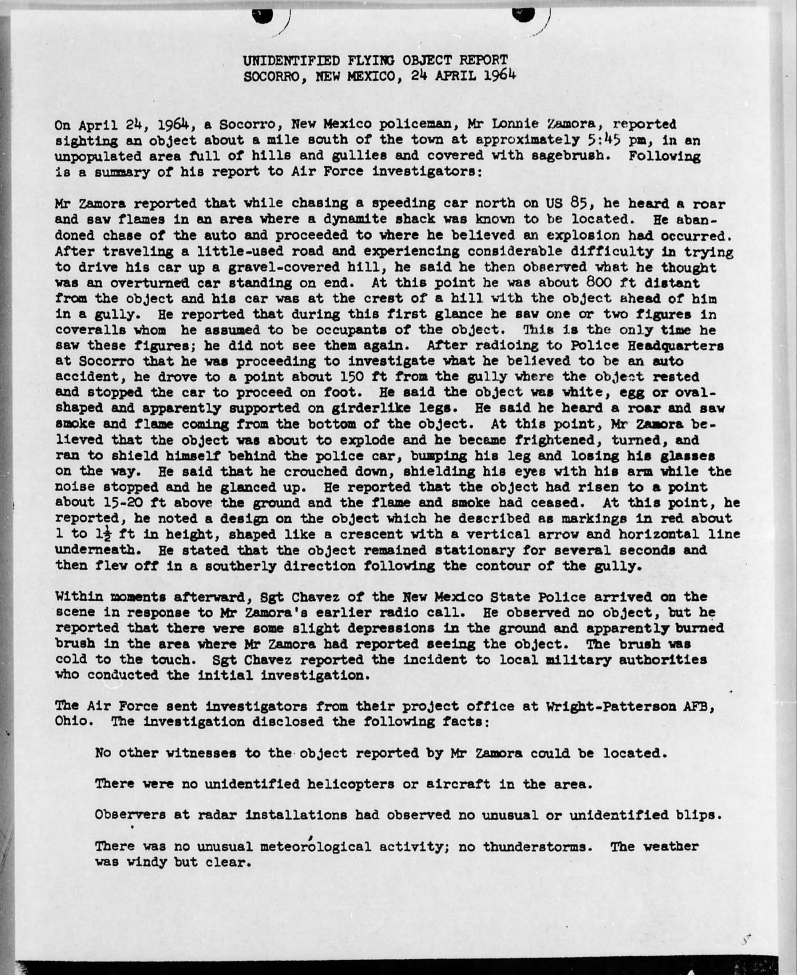 Scanned first page of the Project Blue Book report titled Unidentified Flying Object Report, Socorro, New Mexico, 24 April 1964.