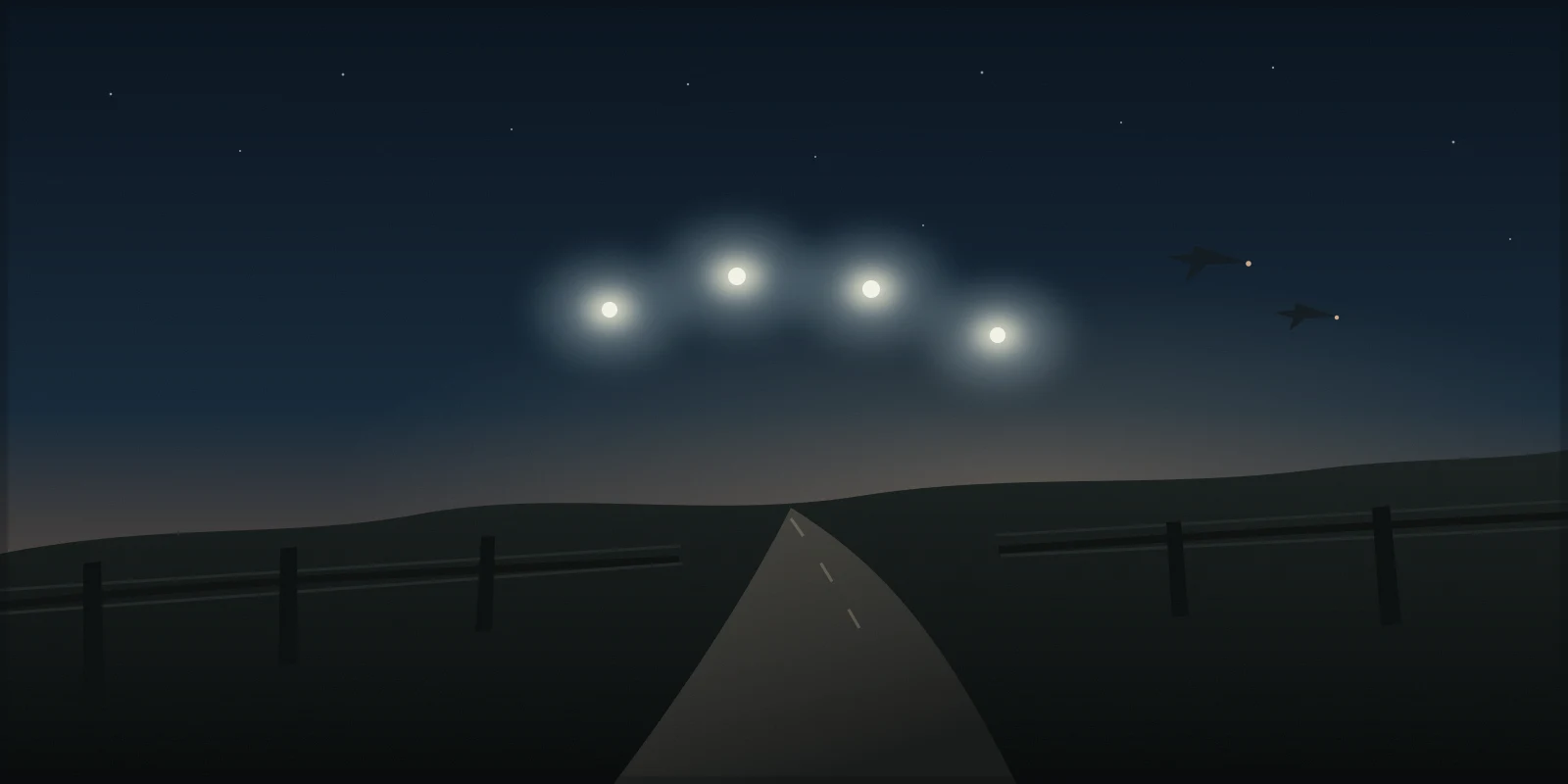 Original cinematic illustration of a dark North Texas ranch road and fence beneath a broad winter sky, where an arc of intense white lights hangs above the horizon and two distant jets approach.