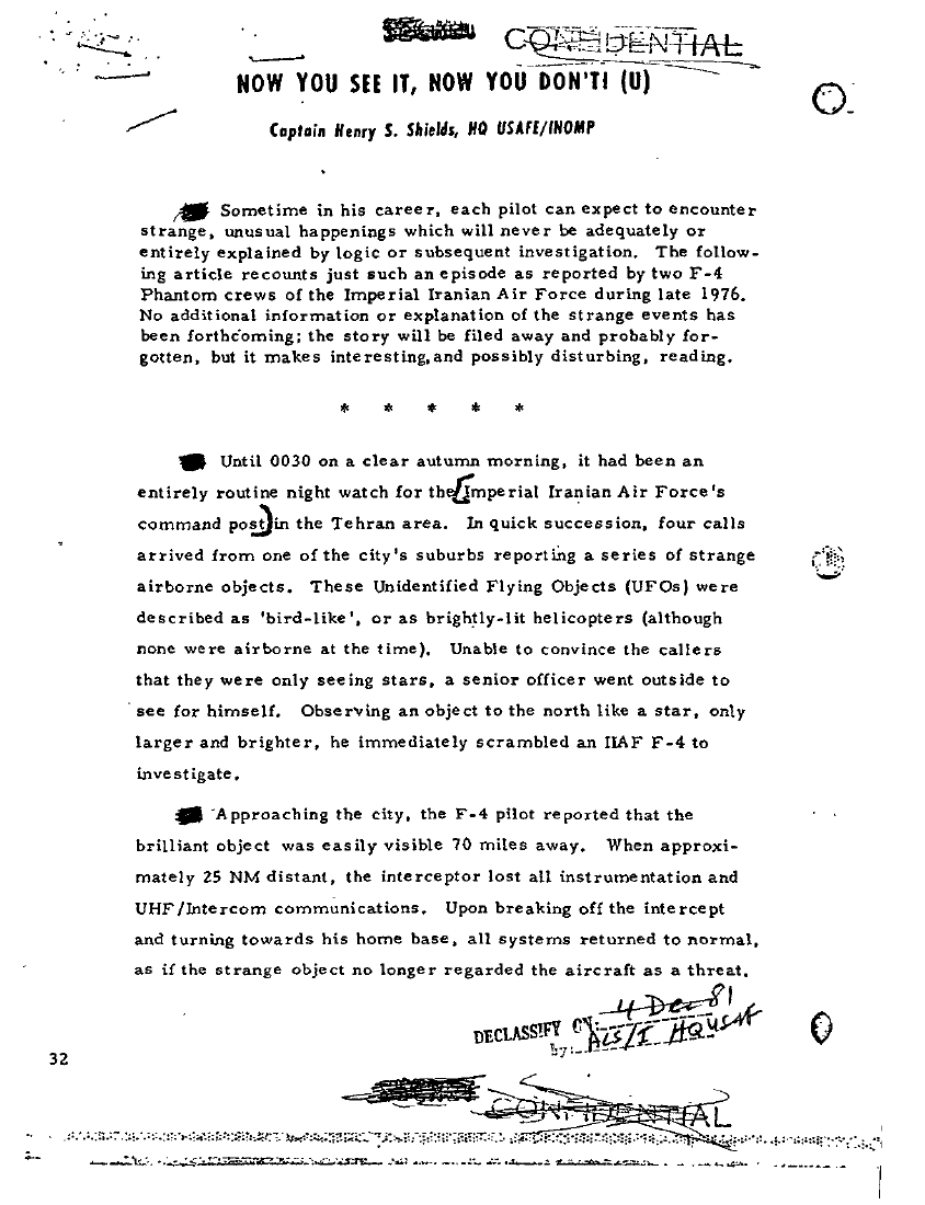 First scanned page of Captain Henry S. Shields’s U.S. Air Force article Now You See It, Now You Don’t, with crossed-out CONFIDENTIAL markings.