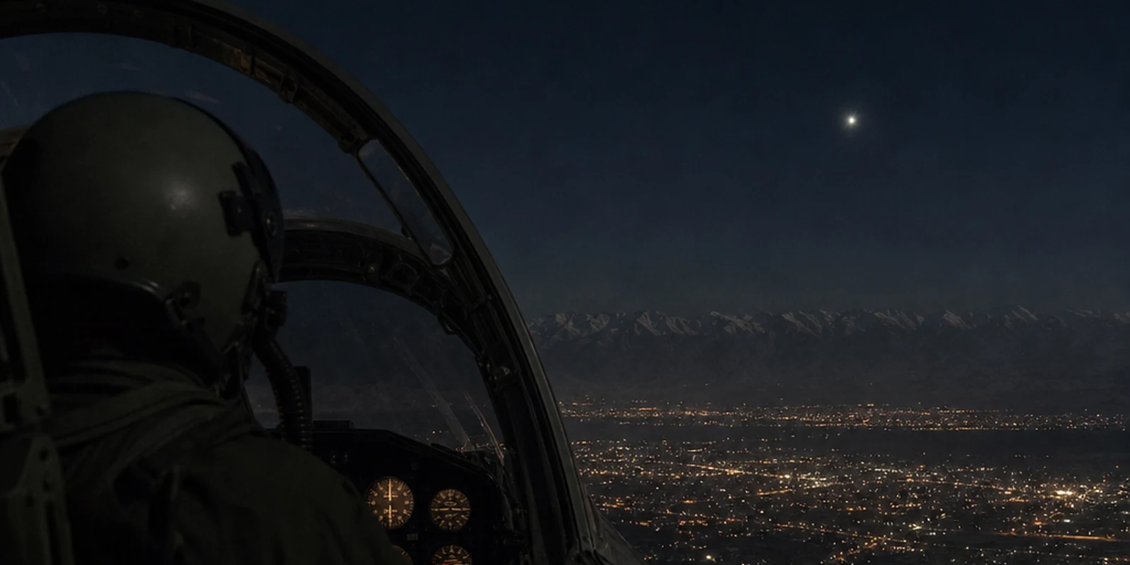 Illustration from behind a 1970s fighter pilot looking across Tehran at night toward one bright, unresolved light above the mountains.