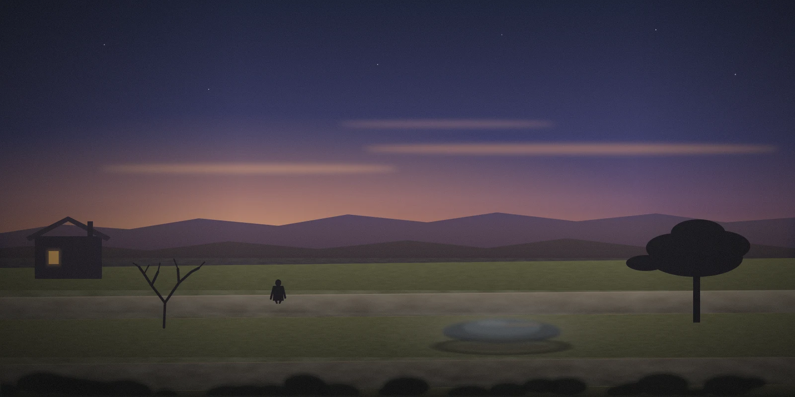 Illustration of a terraced Provençal garden at winter dusk: dry-stone walls, a bare almond tree, a dark pine, a small stone house with one lit window, a distant back-facing figure on the upper terrace and a low, hazy lead-gray lens shape resting on the terrace below.