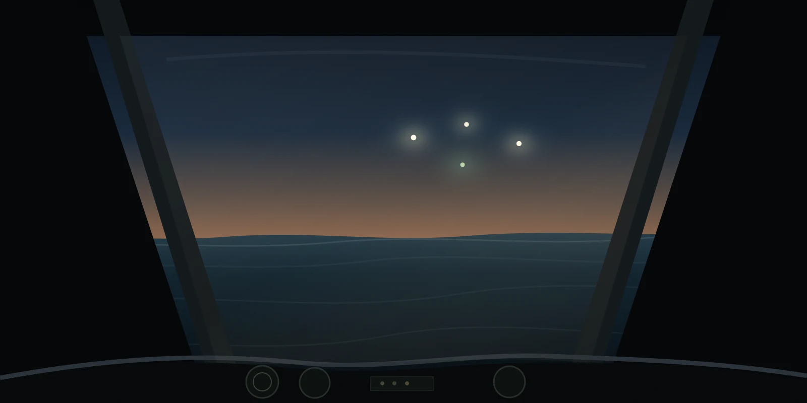 Vista ilustrada ao anoitecer de dentro da cabine de um pequeno avião dos anos 1970 sobre águas escuras, com quatro luzes distantes acima do horizonte.