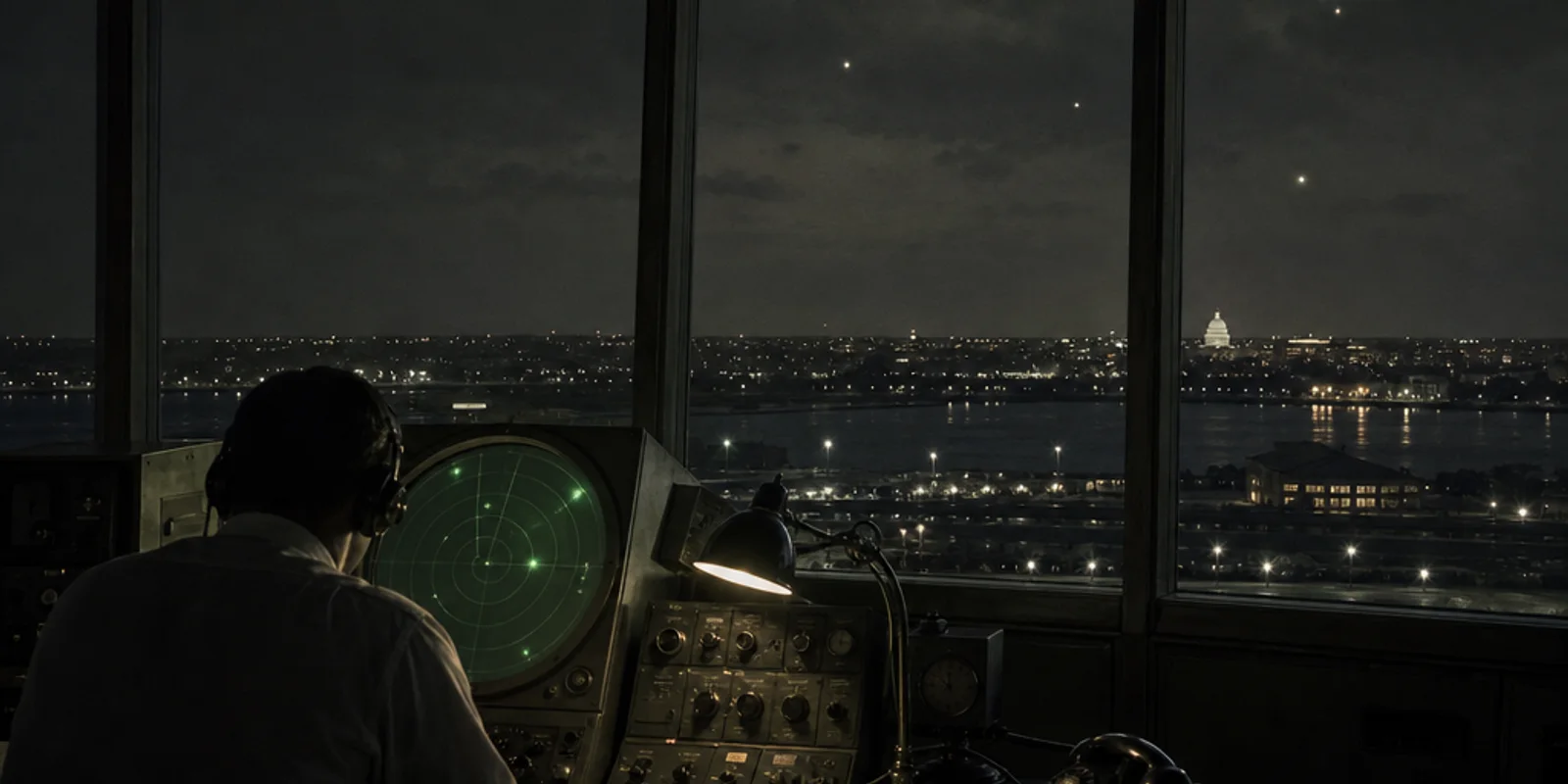 Illustration of a 1952 airport radar controller watching a circular scope while small lights hang over the distant Washington skyline.